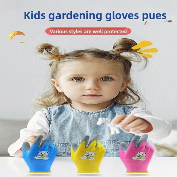 Paknada Kids Garden Gloves 3Pair Latex Coated Pink Yellow Blue Anti-Slip Cartoon - Picture 3 of 11